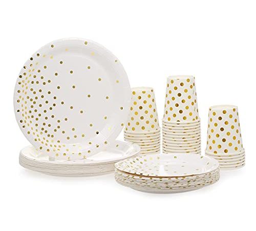 Aoresac 180 Pièces Vaisselle Jetable, Assiette Jetable Doré, 60 Gobelets en Papier 9oz, 60 Assiettes à Dessert 7", 60 Assiettes à Dîner 9" pour Anniversaire Fêtes Party Mariages