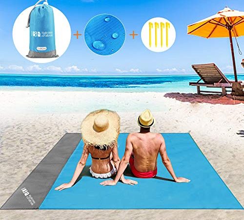 Balcony & Falcon Tapis de Plage 140 x 200cm Grande Couverture de Plage Imperméable Anti-Sable avec 4 Piquets Portable pour Camping, Plage, Pique-Nique Bleu