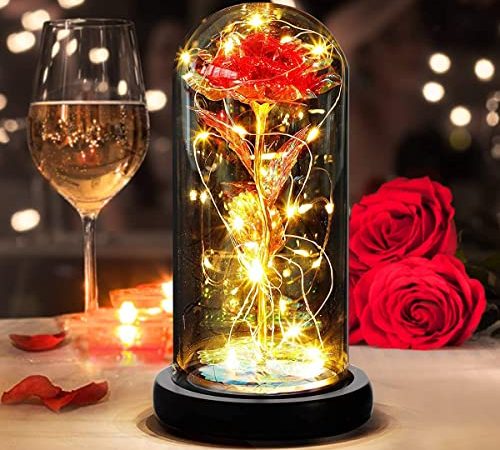 DASIAUTOEM Rose Eternelle sous Cloche, Fete des Meres,La Belle et la Bête Rose Eternelle, Rose Galaxy Dôme en Verre Fleur Artificielle avec LED Lumières Cadeau pour Maman Femme Anniversaire Décoration