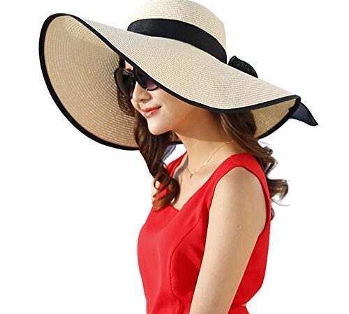 DRESHOW Femme Capeline Chapeau de Paille Chapeau à Large Bord Casquettes Anti-Soleil Respirant Anti UV Chapeau de Paille Plage Chapeau de Soleil UPF,Taille unique,ecru-Ivoire