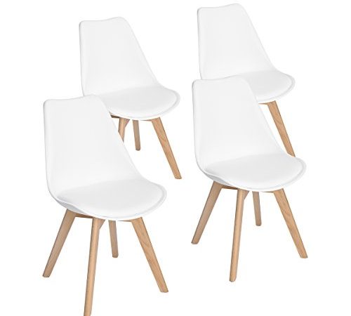 EGGREE Chaises Salle à Manger Scandinaves Lot de 4 Chaises de Cuisine, Rétro Rembourrée Chaise de Salle de Bureau, Pieds en Bois de Hêtre Massif, Blanc