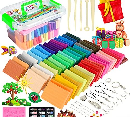 Emooqi Pâte Polymère, 50 Couleurs Pate Fimo Kit d'argile à Modeler avec Livre, Moule, Outils et Accessoires Bijoux, Kit d'Artisanat Bricolage Cadeaux pour Enfant