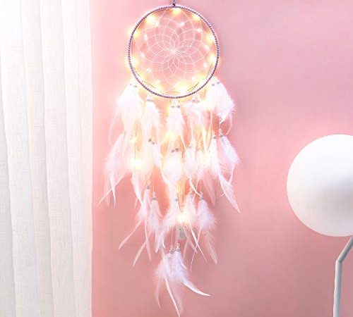 Hongyans Attrape de Rêves LED, Faite Main Capteur de Rêves en Plumes Lumineux Dream Catcher pour Chambre Maison Décoration Tenture Murale Mobile Decoratif Filles Enfants Cadeau