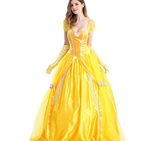 IWEMEK Femme Robe de Princesse Belle Fancy Dress Up Déguisement Adulte Halloween Carnaval Costume Cosplay La Belle et la Bête Jaune Longue Classique Robe de Soirée Fête Noël avec Gants M