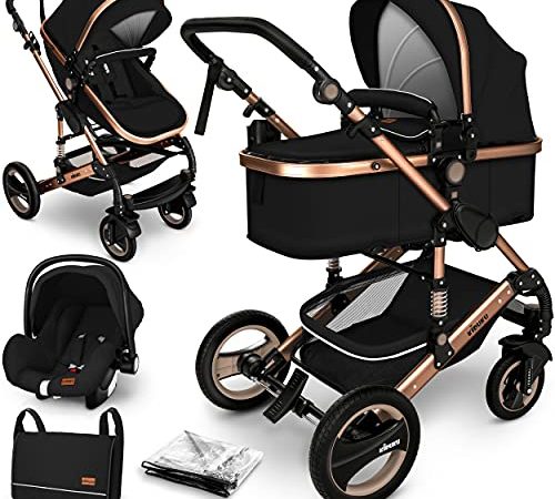 KIDUKU® Poussette Combinée 3 en 1 | Trio pour Enfants | Siége Auto Légère, Piable | Nacelle Souple Convertible | Set de Voyage (Noir/Champagne)