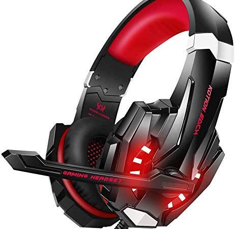 Micro Casque Gaming PS4, Casque Gamer Stéréo Lumière Stéréo Bass Anti-Bruit LED lumière avec 3.5mm Jack Compatible PS4/PS5/ Xbox One/PC/Mac(Red-5)