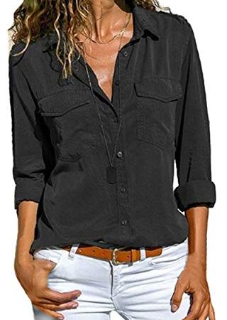 Minetom Femme Chemisier Été Haut Couleur Unie Manches Longues Shirt Blouse Col V Chemise Chic Top avec Bouton Noir M