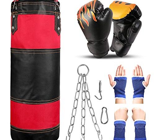 Odoland Sac de Frappe Professionnel [60cm* 14cm], avec Gants de Boxe 6OZ, Chaine Suspension Punching Bag, Sac de Boxe Lourd sans Sables Rempli, MMA Punching Ball Muay Thai Arts Martiaux Kickboxing Kit