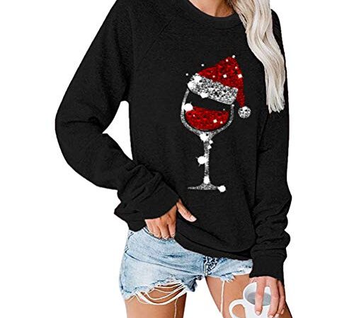 ORANDESIGNE Cadeaux de Noël Femmes Col Rond Pull de Noël à Manches Longues Sweat Imprimé Pull Tops Chemisier - Chapeau de Noël en Verre à Vin Rouge E Noir XL