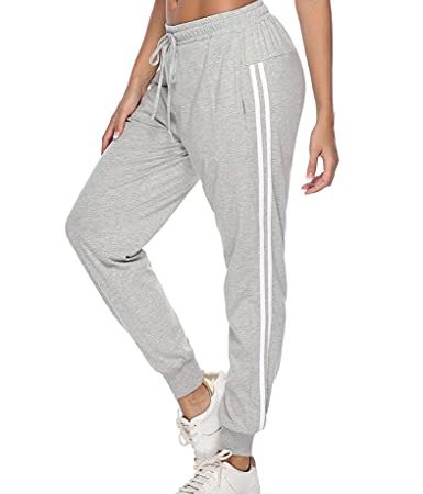 Pantalon de Jogging Femme 100% Coton Pantalon de Sport Femme Rayures Bas Jogging Femme Bas de Survêtement Femme avec Poches pour Running Fitness Training Yoga