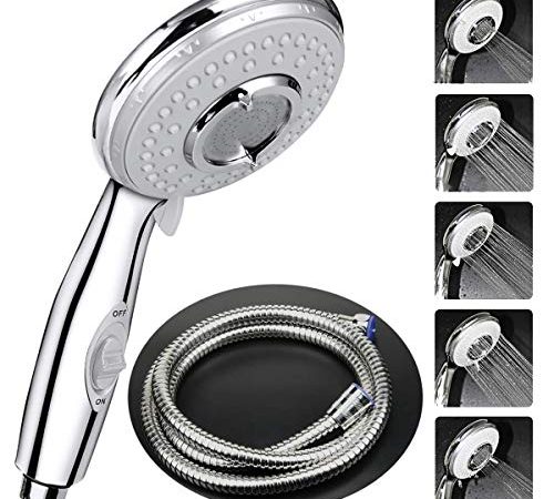 Pommeau Douche + 2 M Tuyau de Douche Flexible, ACGAM Pommeau de Douche avec Tuyau, 5 Modes Economiseur d'eau et bouton de l'interrupteur, Haute Pression Douchette Pommeau Acier Inoxydable