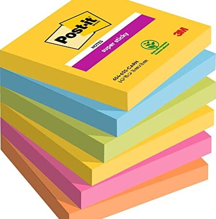 Post-it Notes Super Sticky, Couleurs Carnival, 76 mm x 76 mm, 90 feuilles/bloc, 6 blocs/paquet