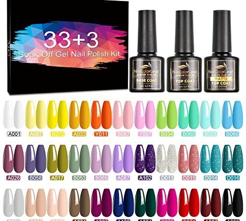 SINZONeu Vernis Semi Permanent 36 Vernis Manucure Nail Art Lot Vernis à Ongles Vernis Gel UV LED Nail Polish Soak Off 33 Couleurs Fluorescent Populaire, Base et Top Coat, Matt Top Coat, 8ml