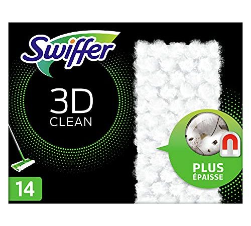 Swiffer Balai Attrape-Poussière 3D Clean Recharges Lingettes Sèches, 14 Lingettes Nettoyantes, Attrape et Retient la Poussière