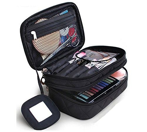 Trousse Maquillage, ONEGenug Sac Cosmétique 20 * 12 * 8 cm Double Couche avec Miroir pour Femme Noir