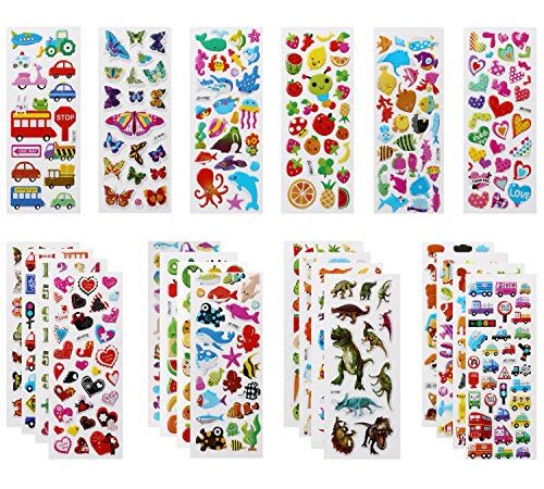 Vicloon Autocollants 3D pour Enfants Stickers 520+Pack,3D en Relief, 22 Feuilles Autocollants de Variétés pour Récompenser Scrapbooking, y Compris Animaux, Dinosaures, Numéros,etc