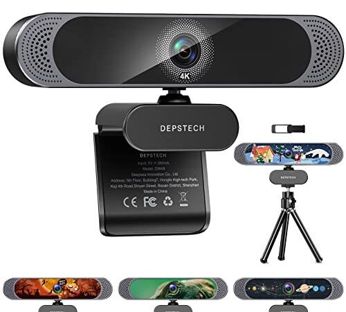 Webcam 4K, DEPSTECH Webcam HD avec Microphone 8MP Webcam USB Sony Sensor Autofocus Caméra Web, Cache Webcam et Trépied, Webcam pc Portable Webcam Streaming pour Windows, Mac, Zoom, Skype, Youtube