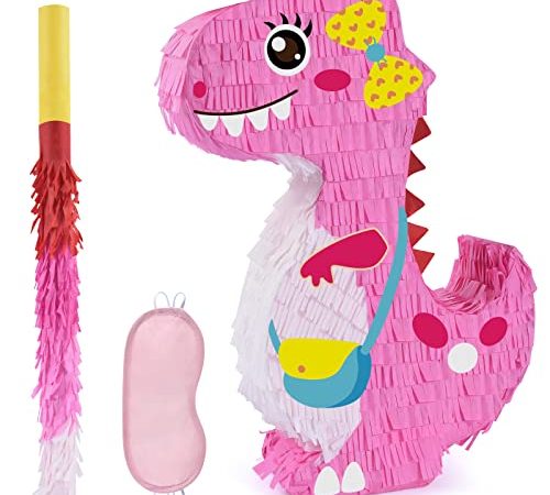 WERNNSAI Pinata de Dinosaure - Fournitures de Fête d'anniversaire de Dinosaure pour Les Filles et Les Enfants Ensemble Pinata avec Un Bandeau et Une Chauve Souris Fête Jeu Activité Décoration