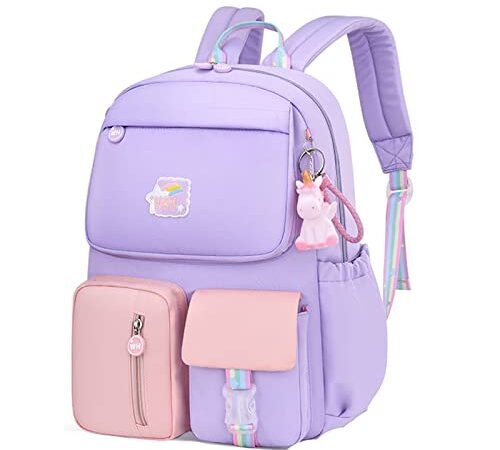 WYCY Cartable pour Filles Mignon Licorne Pendentif Sac à Dos Kawaii Hydrofuge Cartable Dye Couleur Cartable pour Adolescentes Collège Satch Sac à Dos (Mauve)