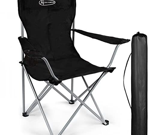 ACTIVE FOREVER Chaise Pliante d'extérieur avec Porte-gobelet, Sac de Rangement Portable, adaptée au Camping, à la Plage, au Barbecue, à la pêche (Noir)