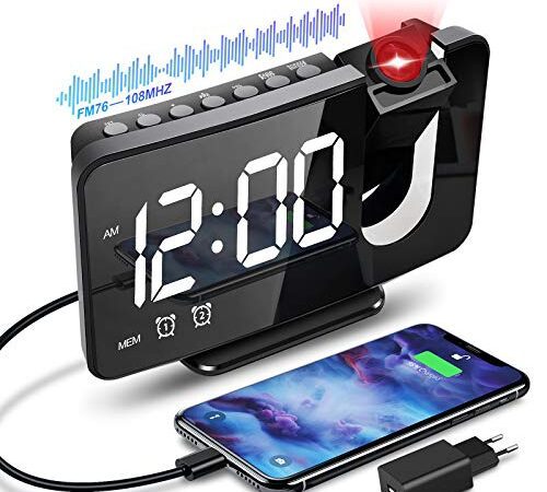 Anykuu Radio Réveil Horloge Digitale, 180° avec Fonction Radio FM, Reveil Matin Numérique LED avec Port de Chargement USB, Reveil Projecteur Plafond 4 Niveaux de Luminosité 12/24h Fonction Snooze