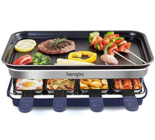 Appareil à Raclette 8 Personnes Machine a Raclette avec 8 Mini Caquelon Raclette 4 Spatules, Thermostat Réglable, Revêtement Antiadhésif Facile à Nettoyer, 1500W