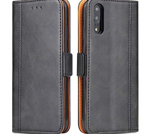 Bozon Coque Huawei P20, Housse pour Huawei P20 en Cuir Portefeuille Etui avec Fentes de Cartes, Fonction Support, Fermeture Magnétique (Noir Gris)