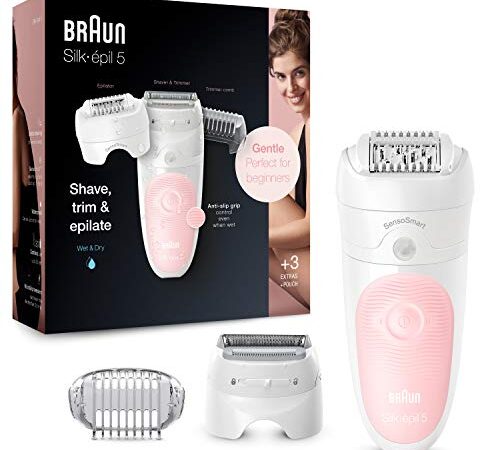 Braun Silk-épil 5 Épilateur Électrique Femme, Blanc/Rose, Tête De Rasage Et Tondeuse Pour Une Épilation En Douceur, Technologie De Pincettes Micro-Grip, Technologie Wet & Dry, 5-620