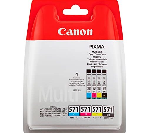 Canon Pack de 4 Cartouches CLI 571 : Cyan, Magenta, Jaune et Noir (Emballage Sécurisé)