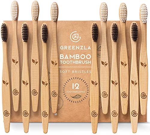 Greenzla Brosses à dents en bambou (paquet de 12) | Brosses à dents à poils souples sans BPA | Ensemble de brosses à dents en bambou naturel et écologique | Biodégradables et compostables