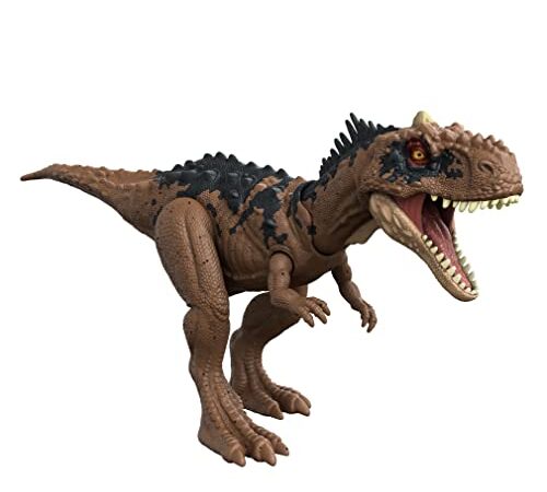 Jurassic World Figurine articulée et sonore de Rajasaurus Attaque Rugissante (33 cm) avec code ADN caché et scannable, à Collectionner, Jouet Enfant, Dès 4 ans, HDX35