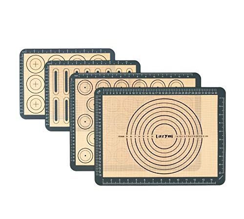 Lazymi Lot de 4 Tapis de Cuisson en Silicone, Anti-Adhérent Feuille de Cuisson Patisserie avec Mesures, Tapis de Four pour Macaron/Biscuit/Pâte, Set de Table en Silicone, Réutilisable (Gris)