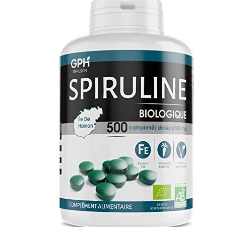 Spiruline Bio AB 500 MG - 500 comprimés - Spécialement très riche en Protéines, Phycocyanine, Chlorophylle, Caroténoïde et Fer.