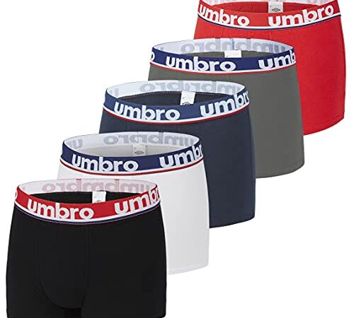 UMBRO Boxer Homme 100% Coton, Calecon Homme, Respirant, Maille Aérée (Lot de 5), Noir, Rouge, Blanc, Bleu Taille L