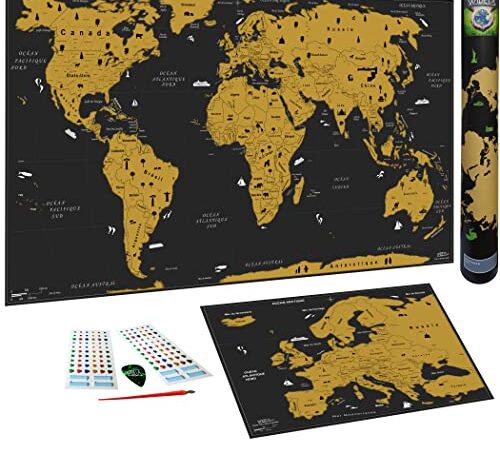 WIDETA Carte du monde à gratter Français, (82 x 43 cm)/ Poster plastifié extra épais 300 g/m2 / Inclus carte d' Europe et accessoires de grattage