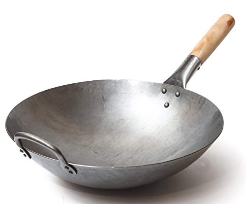 Wok traditionnel en acier carbone martelé à la main avec poignée auxiliaire en bois et acier (diamètre 35,6 cm, fond rond)/731W88 par Craft Wok