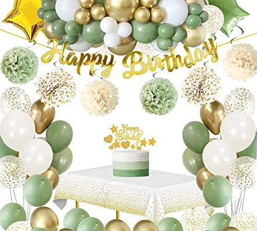 Anniversaire Décorations Ballon Vertes,Ballon Anniversaire Vert avec Ballons Vert Avocat Bannière Joyeux Anniversaire,Décoration de Gâteau Nappe pour Décorations d'anniversaire Hommes Femmes