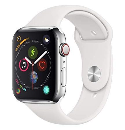 Apple Watch Series 4 44mm (GPS + Cellular) - Boîtier En Acier Inoxydable Argent Avec Bracelet Sport Blanc (Reconditionné)