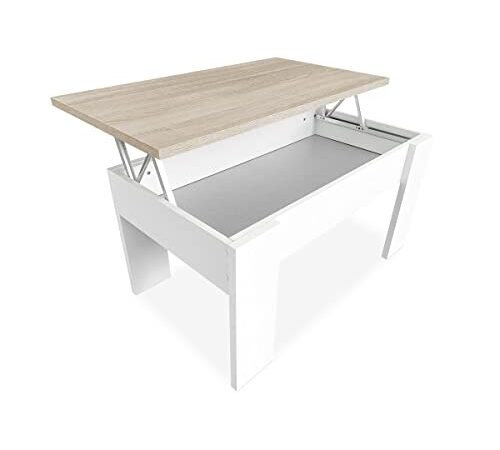 Dreaming Online - Table Basse relevable, Table de Salon, Couleur Blanc avec Couvercle Cambria, Dimensions : 90 cm (Largeur) x 50 cm (Profondeur) x 46-57 cm (Hauteur) en Bois, 90 x 50 x 46/57 cm