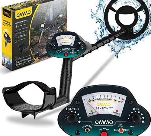 Détecteur de Métaux - OMMO Metal Detector à Bobine Etanche 10", Mode Disc/Tous Métaux/Pin Point, Longueur Réglable(76-109cm), avec Batterie, Sac, Pelle, Ecouteur pour Chasse au Trésor à L'extérieur