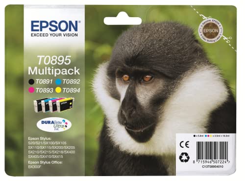 Epson Multipack T0895 Singe, Cartouches d'encre d'origine, 4 couleurs: Noir, Cyan, Magenta, Jaune, S20 S21 SX100 SX105 SX110 SX115 SX200 SX205 SX210 SX215 SX218 SX400 SX405 SX410 SX415 BX300F