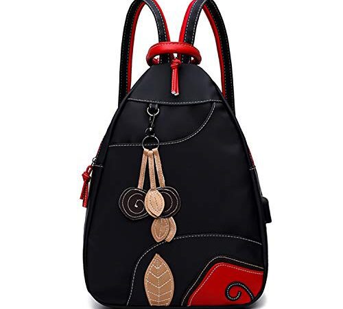 Jywmsc Femmes élégant Nylon Poids Léger Sac à Dos Sac d'épaule De Plein Air Sac de Poitrine avec Port de Charge USB (02 Noir,Taille Unique)