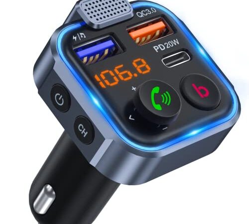 LENCENT Transmetteur FM Bluetooth Voiture, Allume Cigare Bluetooth 5.0 Émetteur Radio, Chargeur Rapide de Voiture PD 20W Type C+ QC3.0, Appels Mains Libres, Lecteur de Musique MP3 Basse Support U Disk