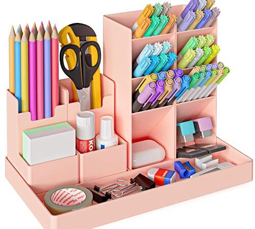 Withosent Porte Stylo Bureau 5 Pièces, Organisateur de Bureau Rose en Plastique, Multifonctionnel Rangement Bureau Organisateur Crayon Enfant pour Papeterie, Bureau, Maison, école