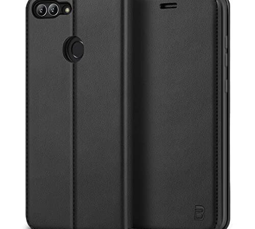 BEZ Coque pour Huawei P Smart, Etui Huawei P Smart en Cuir Premium Flip Case Portefeuille, Housse à Rabat avec Porte-Cartes de Crédit, Fermeture Magnétique, Noir