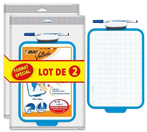 BIC Velleda Ardoise Ecolier Double Face Effaçable à Sec (19x26 cm) avec Feutre Bleu Effaçable à Sec et Effacettes - Lot de 2