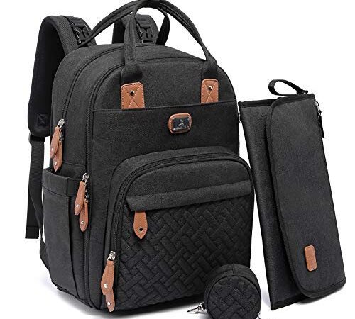 Dikaslon Sac à Dos à Langer Grand Sac Avec Matelas à langer et Porte tétine Pour bébé Garçon et Fille, Sangles de Poussette - Sac de Maternité Maman ou Papa (noir)