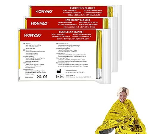 HONYAO® Couverture de Survie 3 Pièces, 210×160cm, Réutilisable Extra Large, Couverture Thermique Or Argenté, Couverture d'urgence pour l'extérieur, Randonnée, Survie, Marathons, Premiers Secours