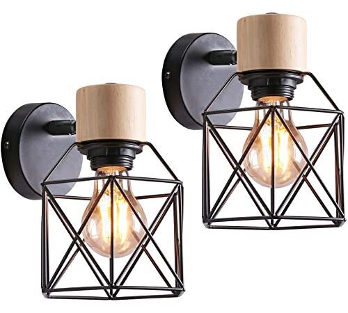 iDEGU Lot de 2 Appliques Murales Industrielles Design Cage en Métal Lampe Murale Bois Décoration Ajustable Vintage Luminaire Interieur pour Chambre Couloir Salon, 15CM (Noir)