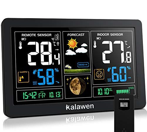 Kalawen DCFStation Météo avec Intérieure Extérieure Capteur sans Fil,Thermomètre Hygromètre Baromètre Phase de la Lune 9-in-1 Numériques Écran LCD Coloré avec Réveil Snooze Météo Température Prévision